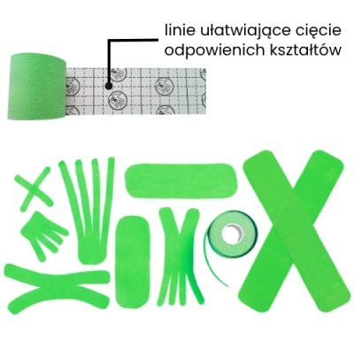 Siatka ułatwiająca cięcie na papierze podkładowym tejpów 5e power w kolorze zielonym i kształty.